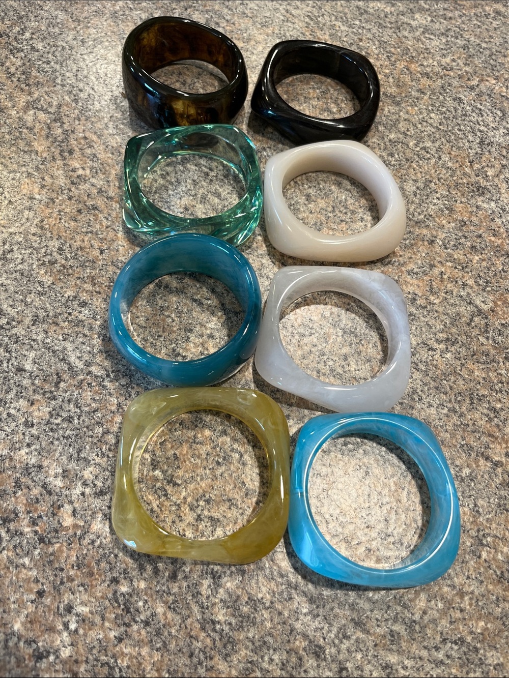 Assorted Resin bracelets in Blue, Teal, White, Yellow, Brown, Black